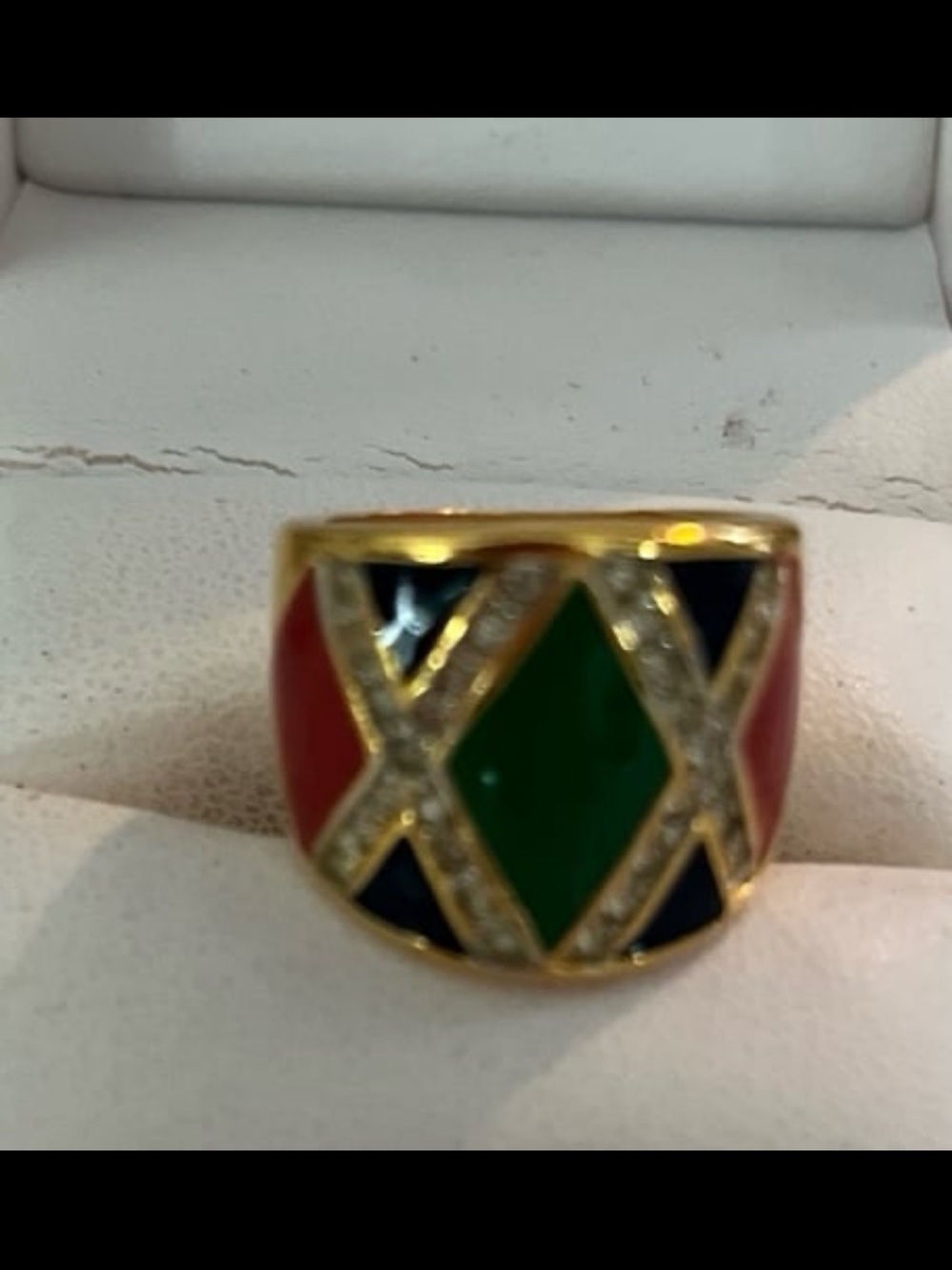 Vintage Red/Green/Blue Enamel and Crystal X Ring on Goldtone Band Size 5